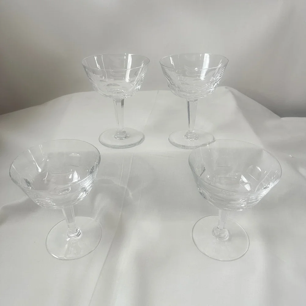 Orrefors Bernadotte Geometric Cut Crystal Champagne Sherbet Glasses Set of 4‎